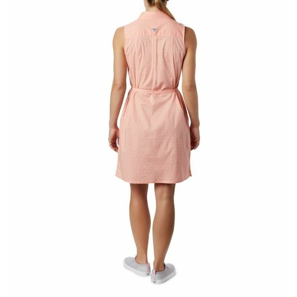 NWT New Womens Columbia Pink Peach Dot Dress PFG M White Pockets Cotton Rod Logo - Picture 2 of 10